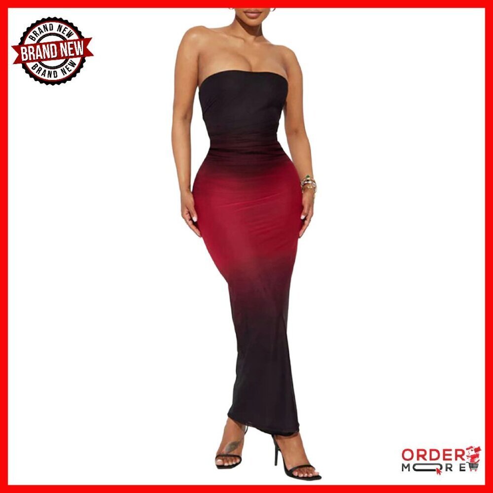 Strapless Maxi Dress Ruched Bodycon Long Party Club Dress